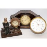 Three vintage clocks requiring attention to include a rare wooden clock featuring an old sailor