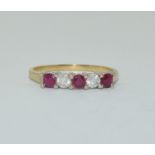 Ruby and diamond Five stone 9ct gold ring, Size M 1/2.