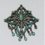 Turquoise pearl set white metal (tests as silver) large brooch.