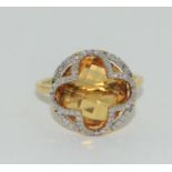 14ct gold ladies Diamond and Citrine halo style ring size N