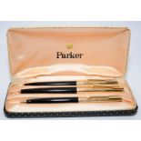 Boxed Parker Pen set consisting of fountain pen, ballpoint pen and propelling pencil. black body