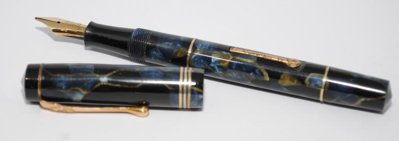 The Burnham pre-war era blue marble fountain pen and propelling pencil, Burnham 14ct nib to pen, and - Image 6 of 7