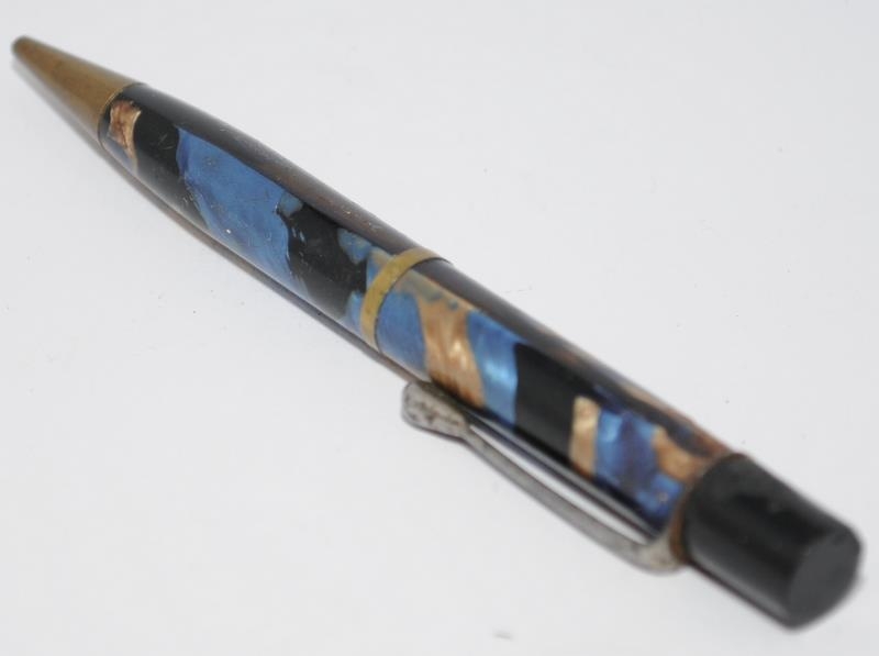 The Burnham pre-war era blue marble fountain pen and propelling pencil, Burnham 14ct nib to pen, and - Image 5 of 7