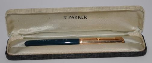 Rare Parker 51 teal and rolled gold Aeromatic, boxed. Later model, chalk marks, near mint example.