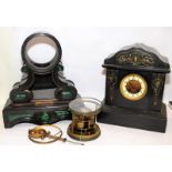 Two slate mantel clocks including a French example with Malachite panels. Machenaut - Paris movement