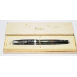 Vintage 1938 Parker Maxima fountain pen in twin jewel grey pearl stripey case and two tone nib.