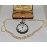 9ct gold ladies watch together with a pearl necklace and a pocket watch