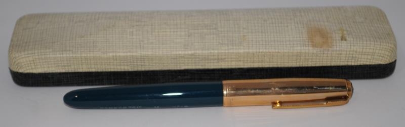 Rare Parker 51 teal and rolled gold Aeromatic, boxed. Later model, chalk marks, near mint example. - Image 2 of 5