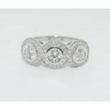 18ct white gold ladies 3 stone diamond "Kissing "ring of approx 1.5ct + size T 9.7gm