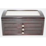 Quality wooden pen storage/display case comprising glazed hinged section over three drawers