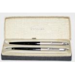 Boxed Parker P51 MKII fountain pen and propelling pencil set black body with Lustraloy cap, clear