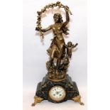 Large marble base French mantel clock featuring Persephone, goddess of springtime. Seen working.