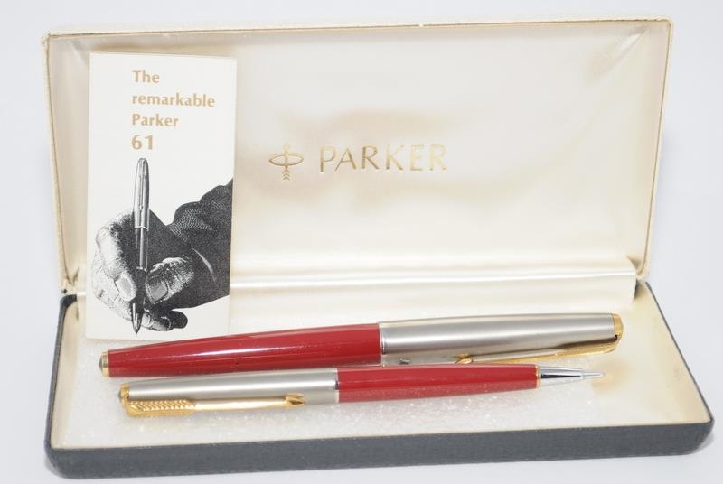 Parker 61 set in original box to include fountain pen and LL pencil with Rage Red body. 1st - Image 2 of 5