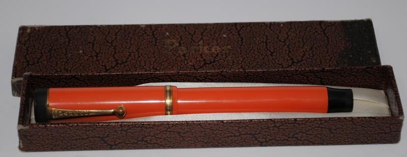 1924-6 Parker Duofold Big Red of hard rubber construction, o/all good condition with just a few