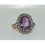 Antique amethyst and natural seed pearl gold ring size P