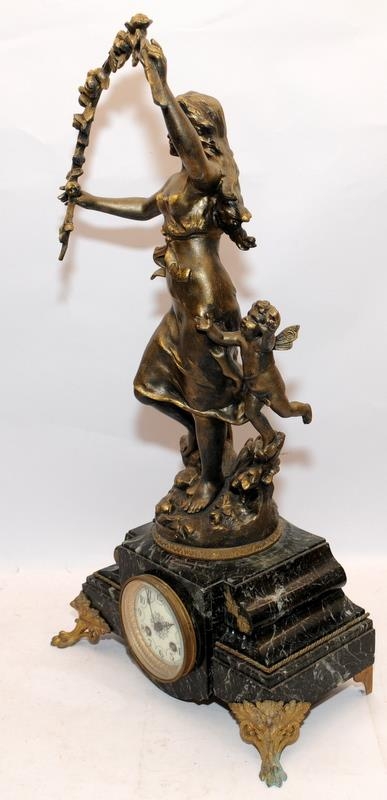Large marble base French mantel clock featuring Persephone, goddess of springtime. Seen working. - Image 2 of 6