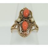 9ct gold antique set Coral and pearl ring size O