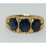 18ct gold antique set 3 stone Sapphire ring size N