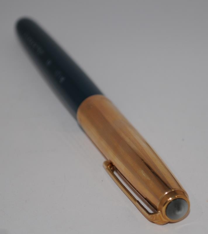 Rare Parker 51 teal and rolled gold Aeromatic, boxed. Later model, chalk marks, near mint example. - Image 4 of 5