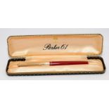 Parker 61 fountain pen, Rage Red body and rolled gold cap, Never inked and in original box. Near