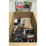 Large box containing various electrical items for G gauge railways, sound units, controller/