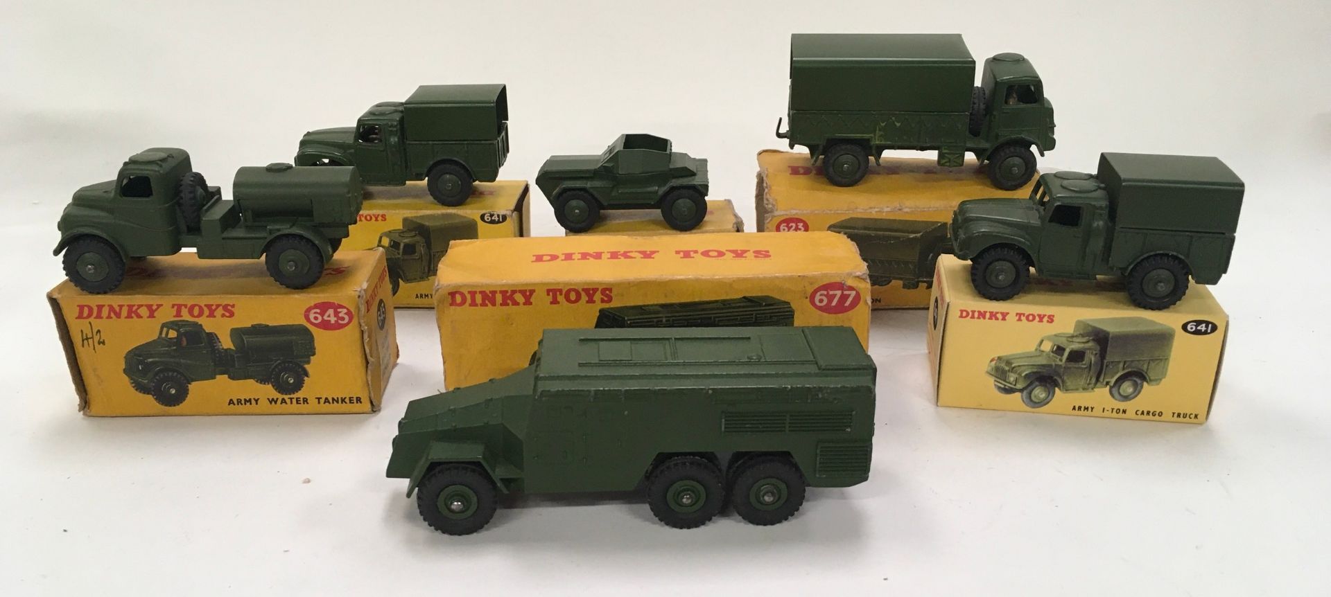 Dinky Military boxed group to include 677 Armoured Command Vehicle, 643 Army Water Tank, 2 x 641