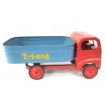Large Triang pressed steel tipper lorry, red cab and chassis with blue tipping body, includes