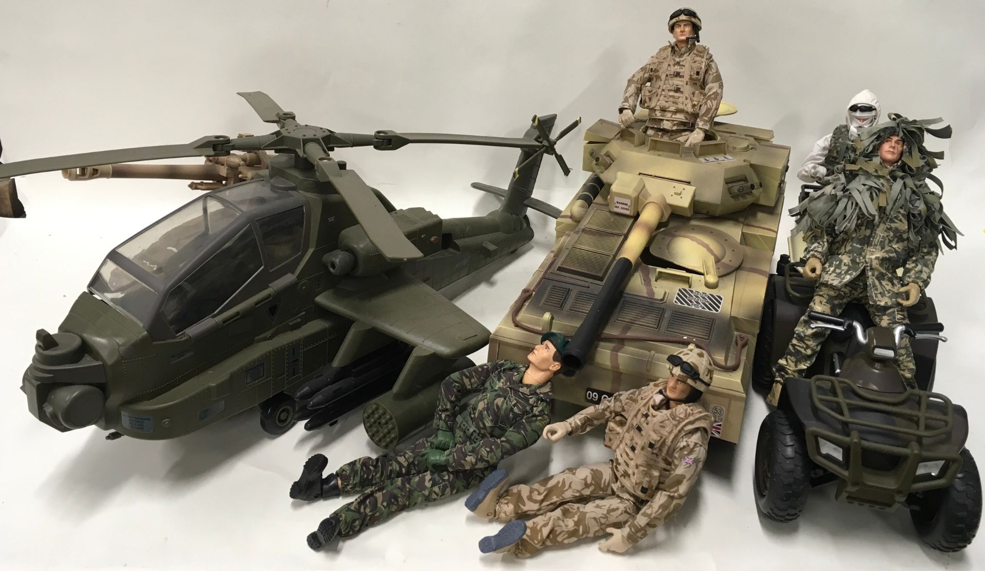 Large bundle of HM Armed Forces action figures and vehicles to include Helicopter, 2 x Tanks,