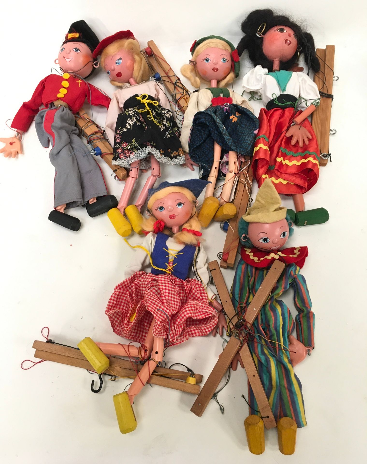 Collection of 6 Pelham Puppets to include Fritzi, Mitzi, Tyrolean Girl, Gypsy Girl, Clown and