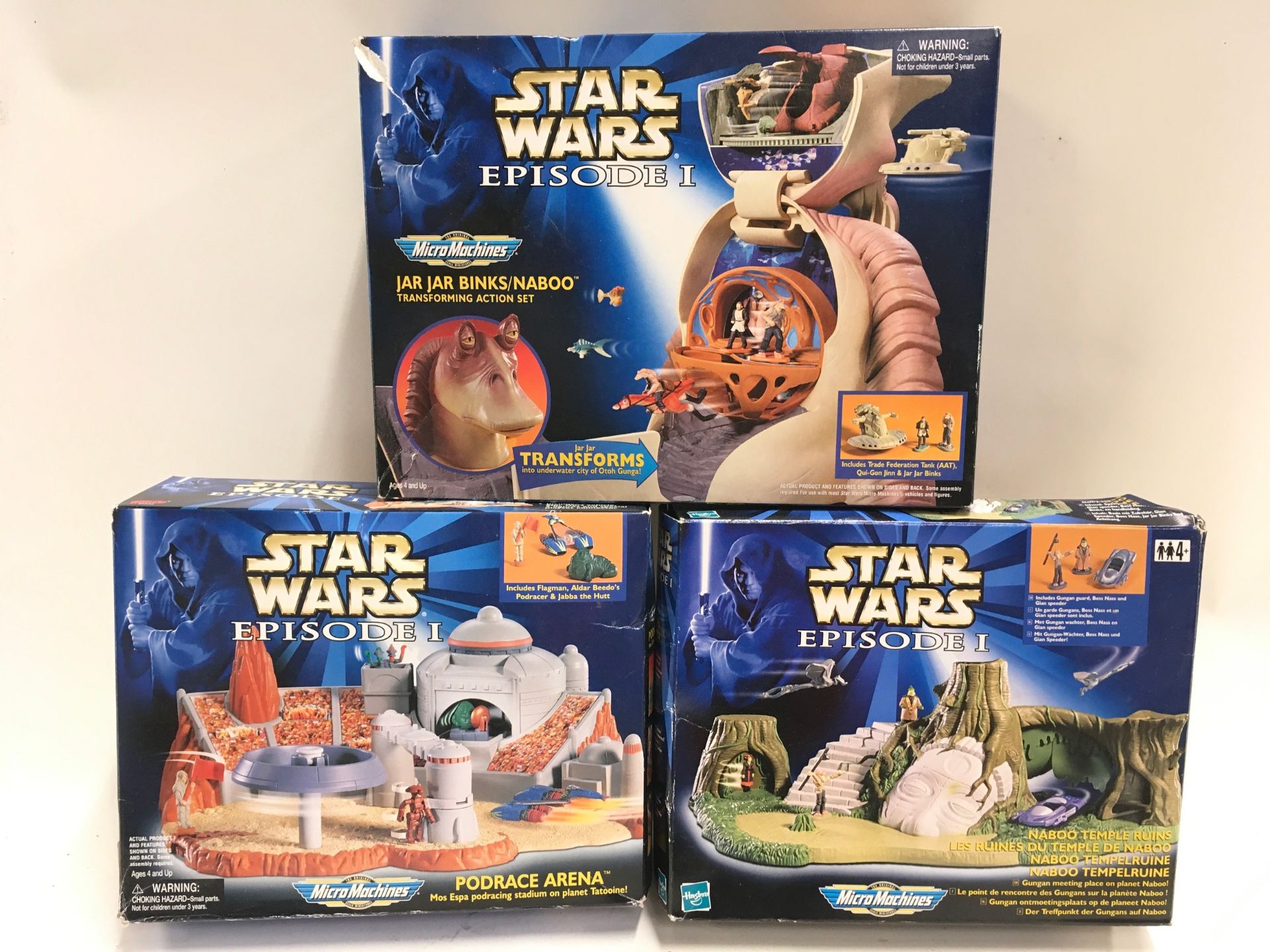 3 Star Wars Episode 1 Hasbro Micro machines boxed sets: Podrace Arena, Naboo Temple Ruins, Jar Jar