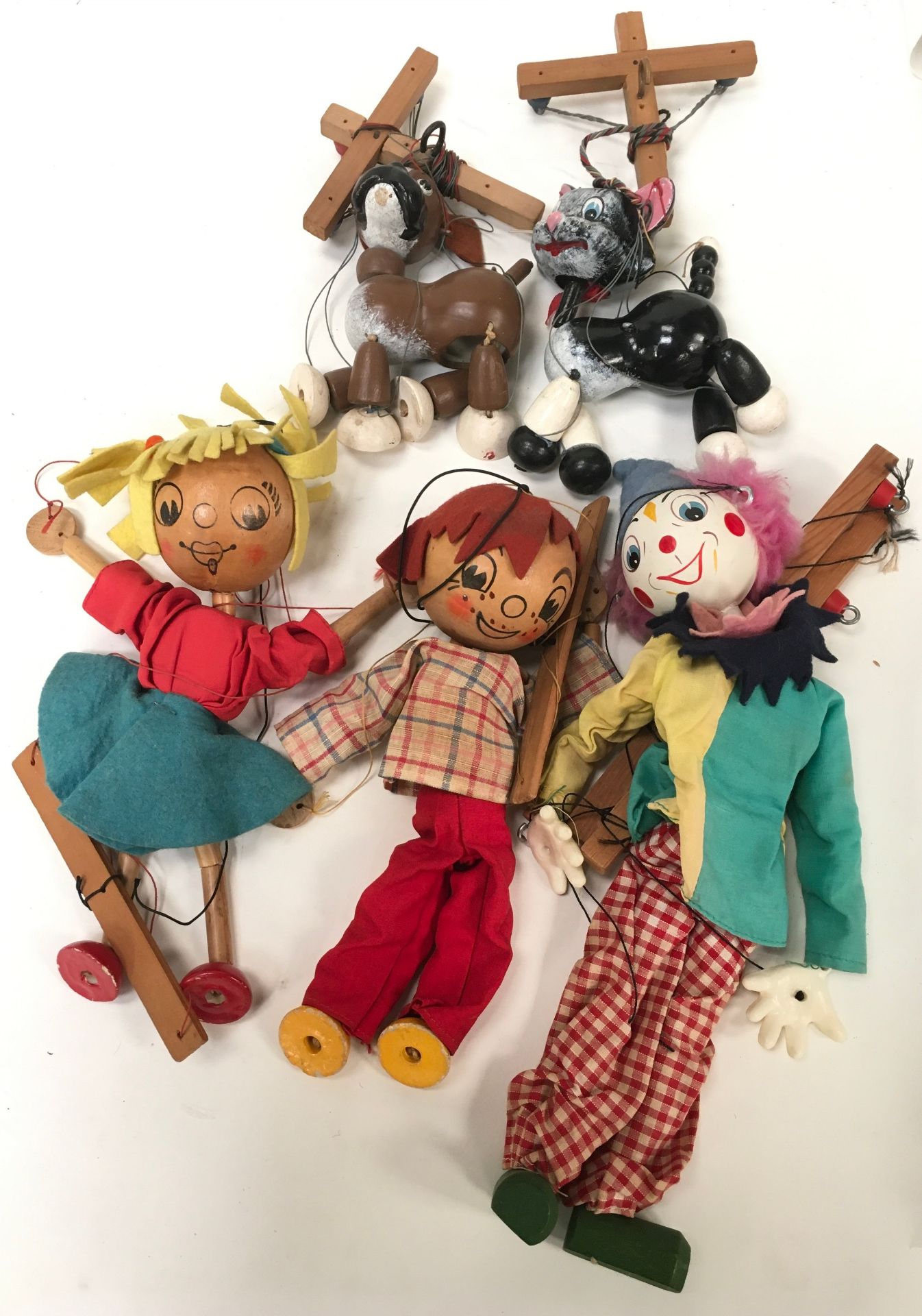 Five Pelham Puppets to include Bengo the Boxer, Cat/Kitten, Wooden Head Boy and Girl and White