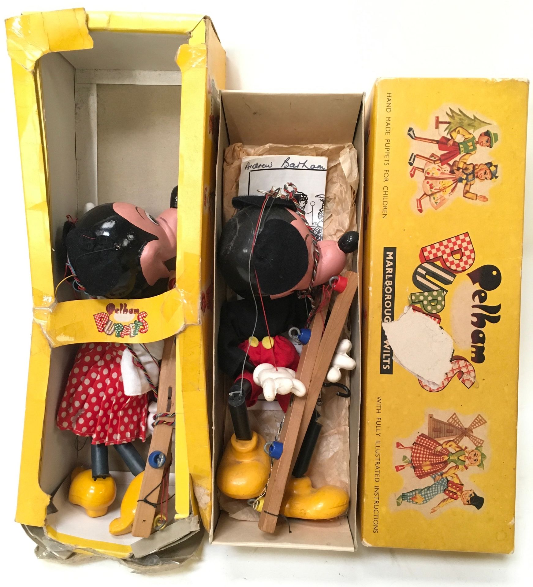 Two Boxed Pelham Puppets: SL Mickey Mouse, SL13 Minnie Mouse.