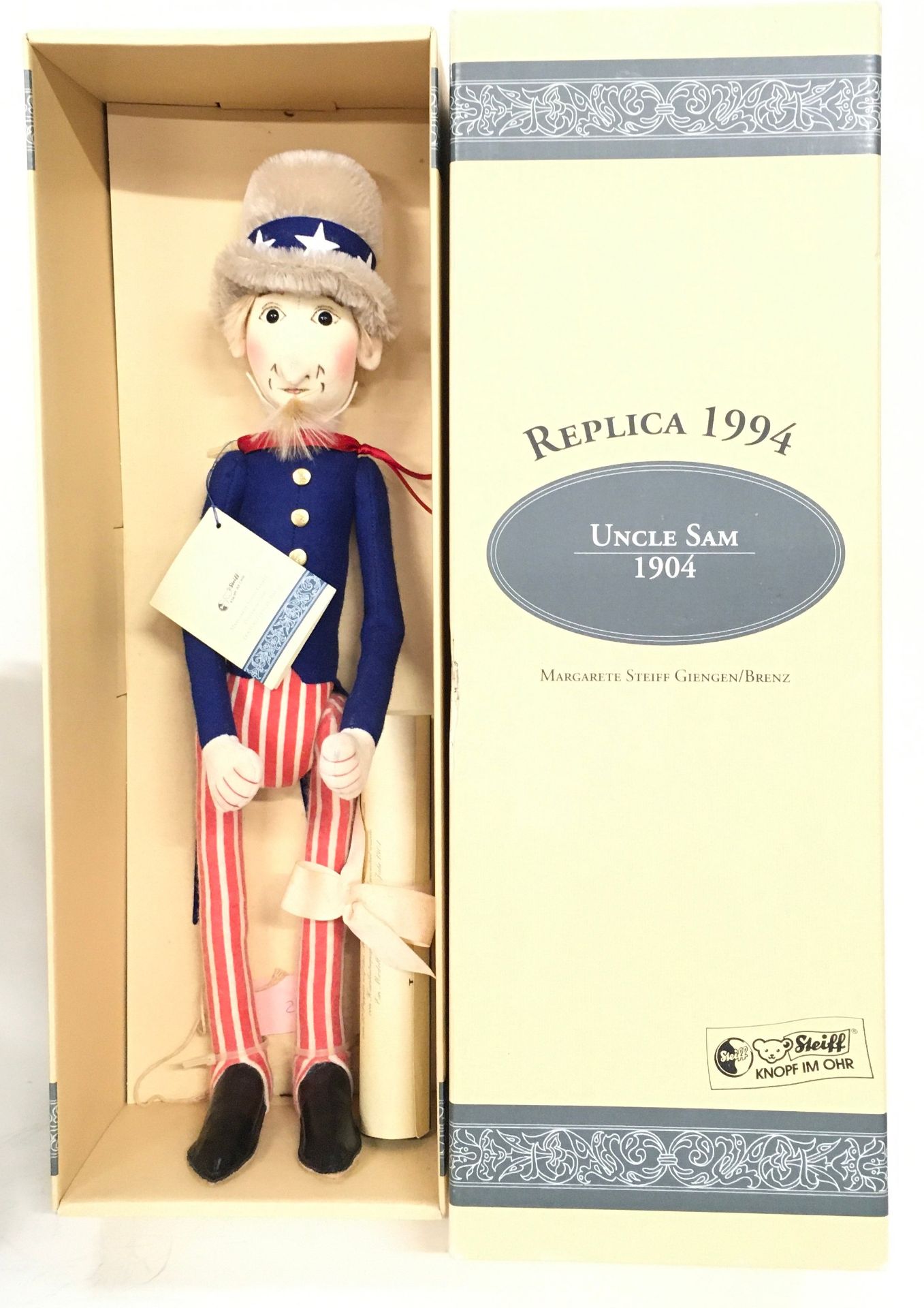 Steiff Uncle Sam replica 1904 felt Doll, 1994, white tag 411601, LE 1000, complete with swing