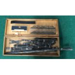 Wood box containing 50+ pieces of Triang track - long/short straights, curves, Girder Bridge and