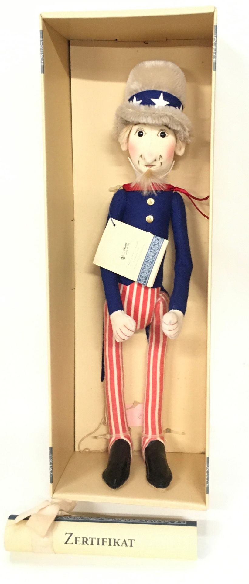 Steiff Uncle Sam replica 1904 felt Doll, 1994, white tag 411601, LE 1000, complete with swing - Image 2 of 2