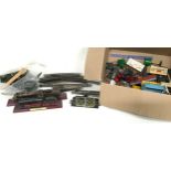 Box containing 25 x rail track, 5 x points, 5 x point motors, scenics, trees, vehicles, 2 static