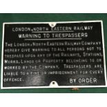 Contemporary railway sign “London North Eastern Railway, Warning to Trespassers”.