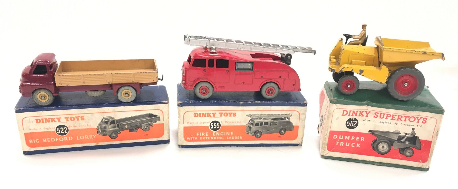 Dinky 555 Fire Engine with Extending ladder - Good, Dinky 522 Big Bedford Lorry maroon cab and
