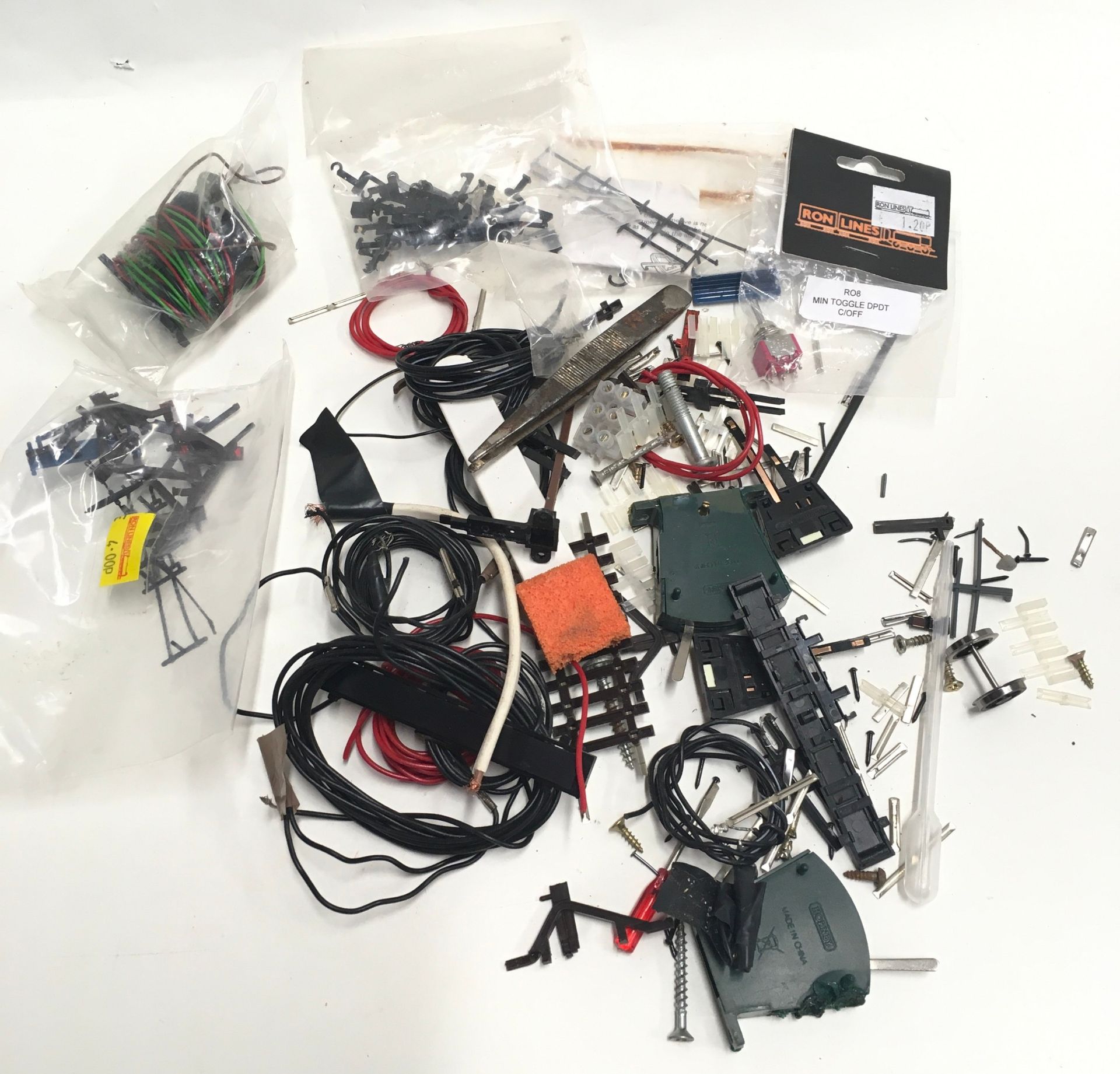 Box containing wiring, point switches, power clips, power connectors wire etc.