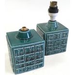 Pair of Poole Pottery Helios square lamp bases designed by Robert Jefferson. 9.5cms across in blue