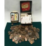 Collection of mainly British copper coinage together with a small collection of cigarette cards