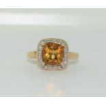 9ct gold ladies amber and diamond halo style ring size O