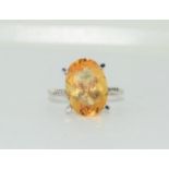 Large citrine diamond shoulders set in white gold Size O