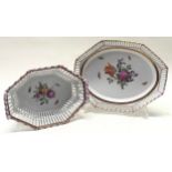 19th Century Berlin porcelain twin handled dessert bowl and stand, pierced sides painted flowers &