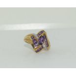 9ct gold ladies Amethyst and Diamond shoulder Twist ring size N