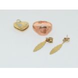 9ct Gold ring with earrings and locket.