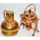 Vintage copper and brass spirit kettle and stand c/w a copper and brass lidded ewer