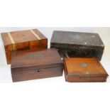 Four vintage wooden boxes to include a brass bound writing slope a/f