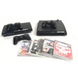 Two Sony PlayStation 3 consoles together with five games and three controllers.