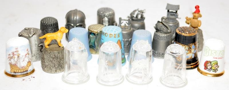 Collection of thimbles to include Wedgwood Jasperware, novelty pewter and advertising examples